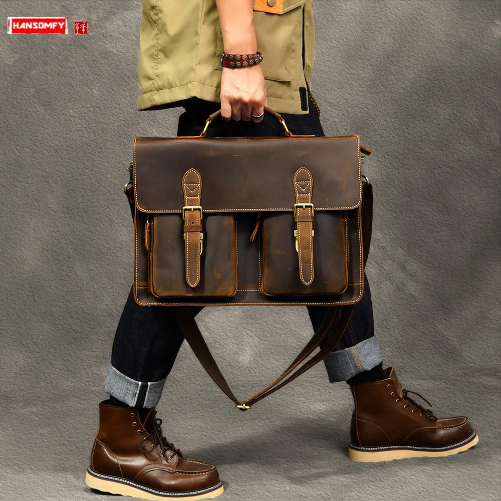 Genuine Leather Men's Handbag Men Laptop Briefcase Male Shoulder Messenger Bag Large Capacity Travel Bags Crazy Horse Leather
