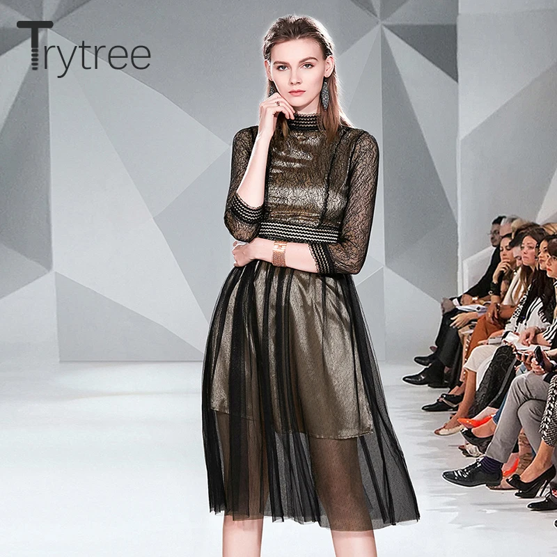 Trytree/осеннее платье, повседневное кружевное женское модное платье в стиле пэчворк, воротник-стойка, платья до середины икры, Сетчатое платье трапециевидной формы для офиса