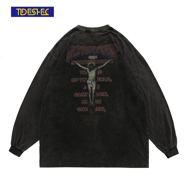 

Мужская футболка TIDESHEC, с длинным рукавом, в стиле ретро, хип-хоп