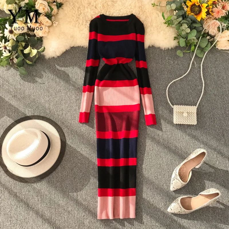 YuooMuoo Европа Ins модное Полосатое облегающее платье 2019 женское осенне зимнее