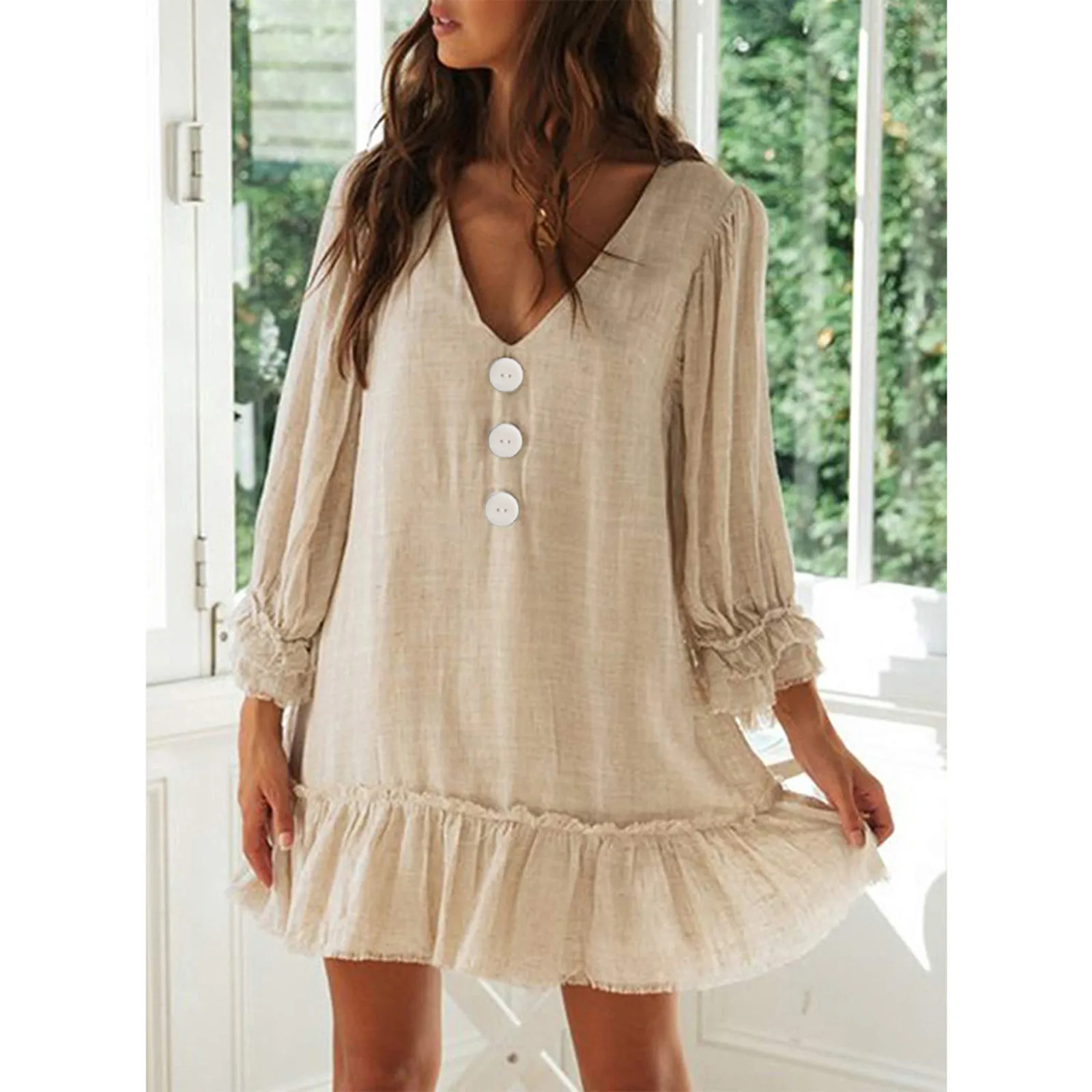 

Summer Women's New Fashion Sexy V-Neck Women's Clothing Elegant And Versatile Lace-Up Ruffled Short-Sleeved Irregular Dress