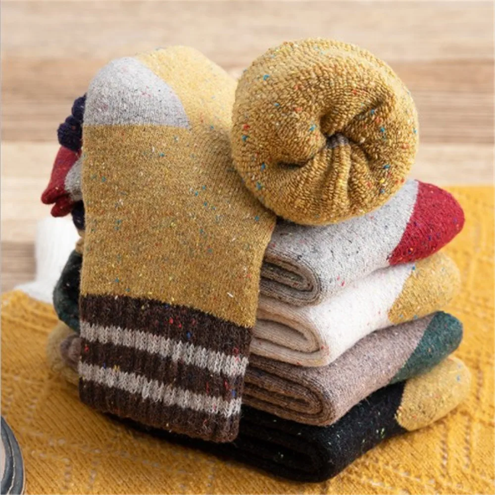 Толстые махровые шерстяные носки для женщин на осень и зиму с полосатым узором в