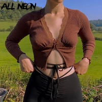 allneon e girl sweet deep v neck lace trim crop tops fashion slit hem long sleeve brown t shirts vintage 90s aesthetics top