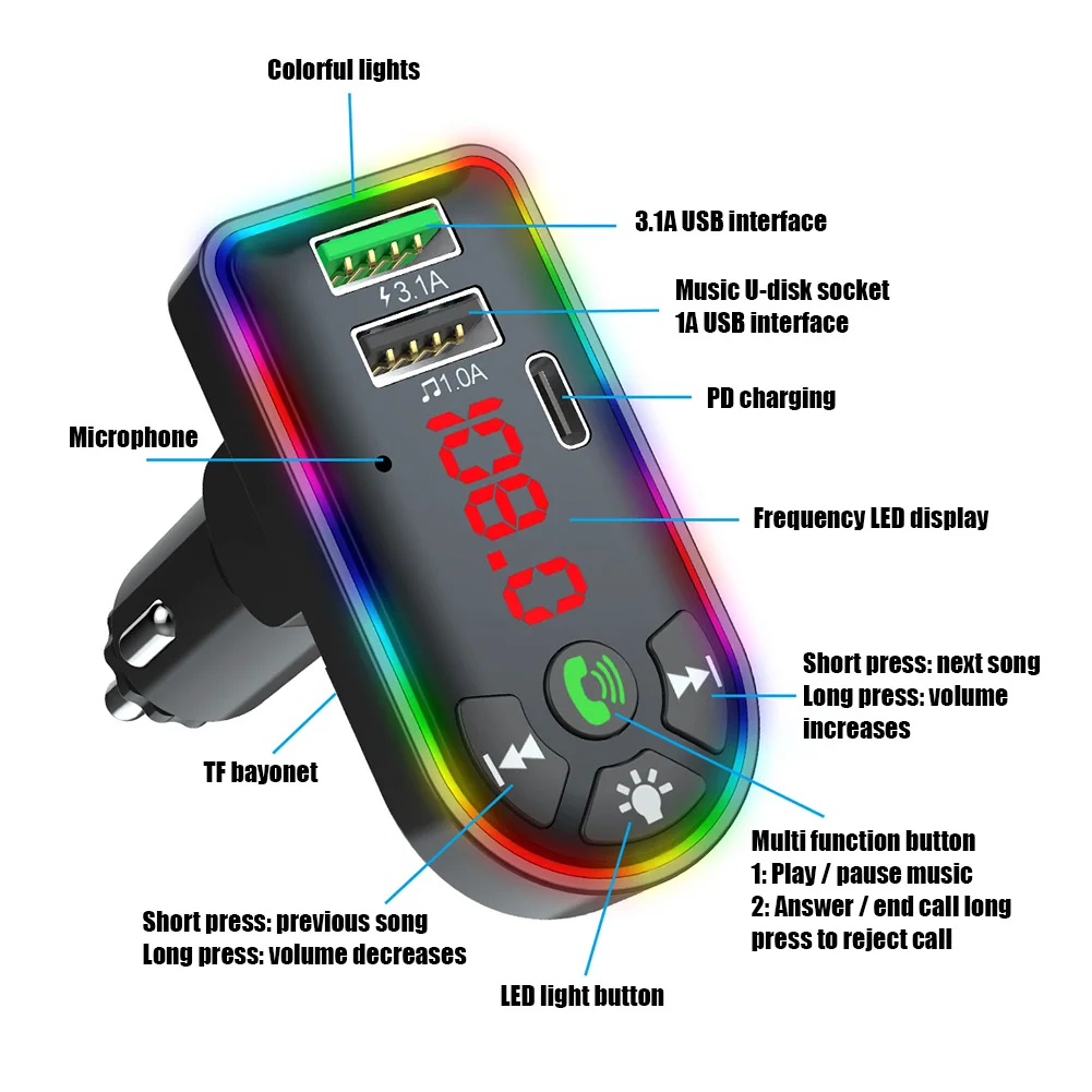 

PD Bluetooth Adapter Dongle 12-24V Wireless Audio Receiver Transmitter with 7-Color Backlight Dongle for Car TV PC Headphone