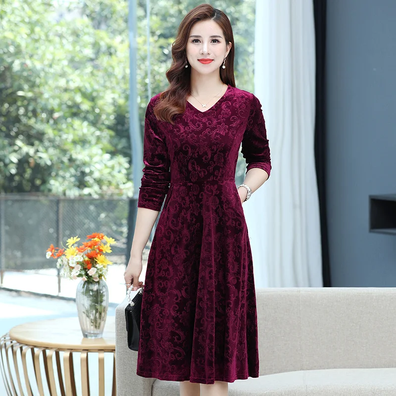 

Women's Gold Velvet Dress Large Size Spring Autumn Middle-aged Mother Dresses Long-sleeved V Neck Dress Vestidos Femme