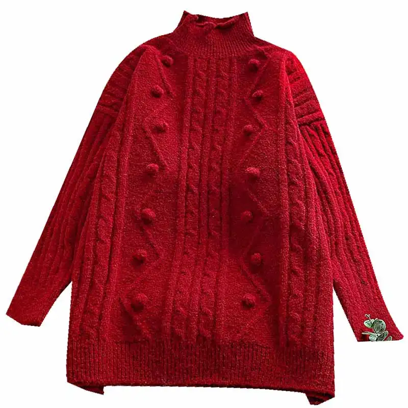 

Red Knitted Women Sweater Pullovers Winter New Long-Sleeved Loose Thicken Warm Female Pulls Outwear Coats Tops