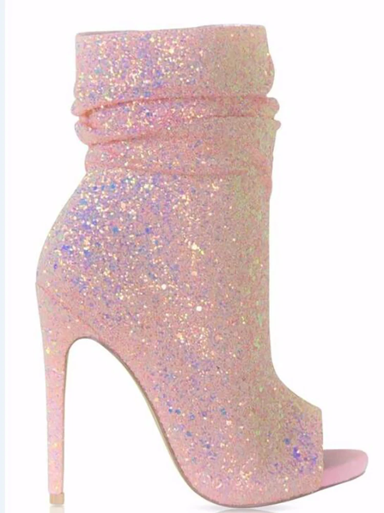 Блестящие ботильоны с открытым носком на высоком каблуке-шпильке без застежки; плиссированные ботильоны; однотонная Осенняя женская обувь с блестками; уличная подиумная обувь; большие размеры