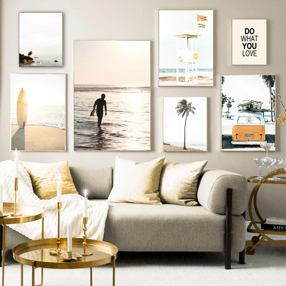 

Sea Beach Car Tree Sun Surfboard Quotes Wall Art Canvas Painting Nordic Posters And Prints Wall Pictures For Living Room Decor