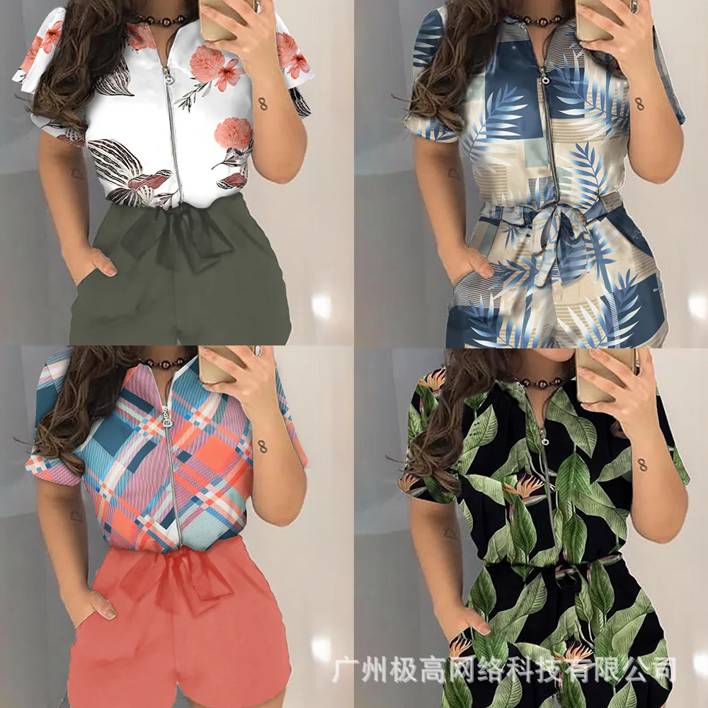 

Женский комбинезон с коротким рукавом, Облегающий комбинезон контрастных цветов с принтом и высокой талией, лето 2021