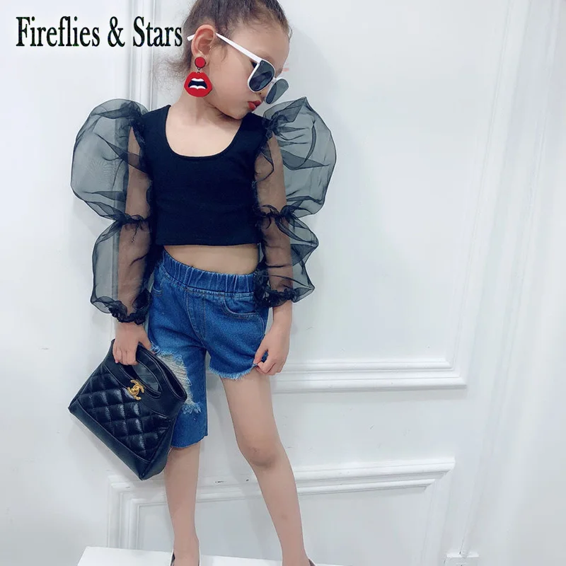 

Summer girls t shirt baby crop top kids short tee children streetwear clothes fashion mesh patch puff long sleeve 2-11Y
