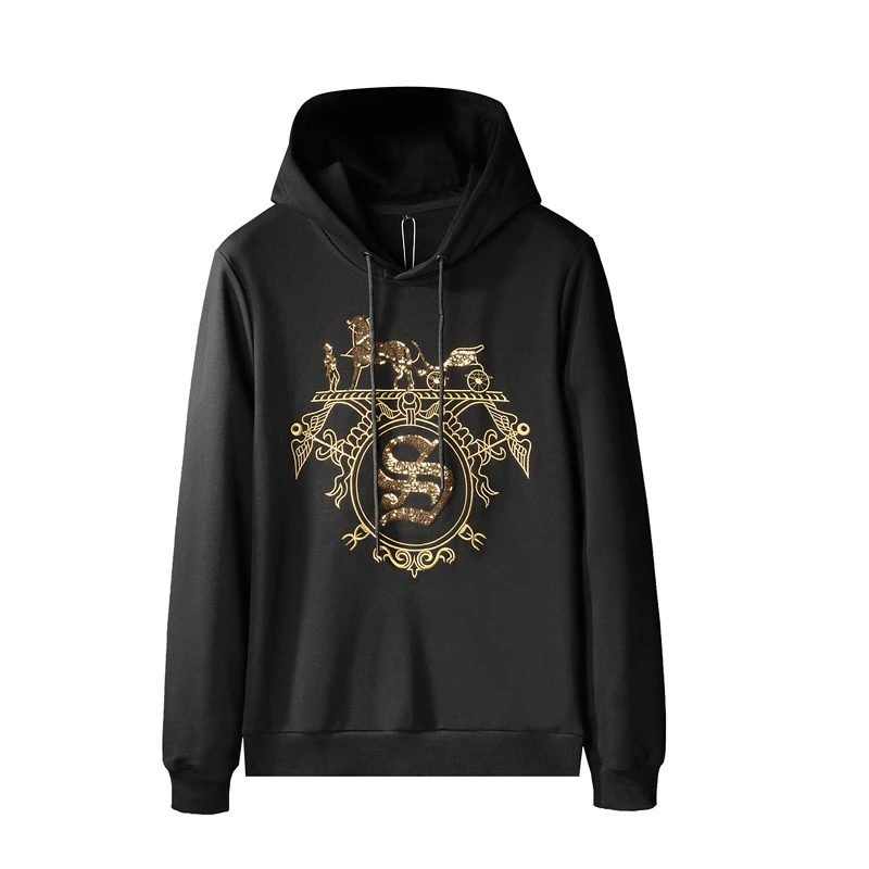 

men s hoodies fleece long sleeve 2019 autumn winter plus large size black embroidery golden sequin flower fashion free ship