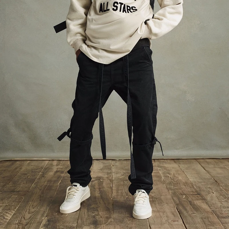 

High Street Ribbons Knee Lace Up Elastic Waist Black Casual Trousers Y2k Mens Oversize Straight Loose Casual Hip Hop Track Pants
