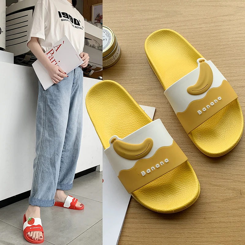 Милые женские летние тапочки из искусственной кожи с рисунком фруктов Пляжные