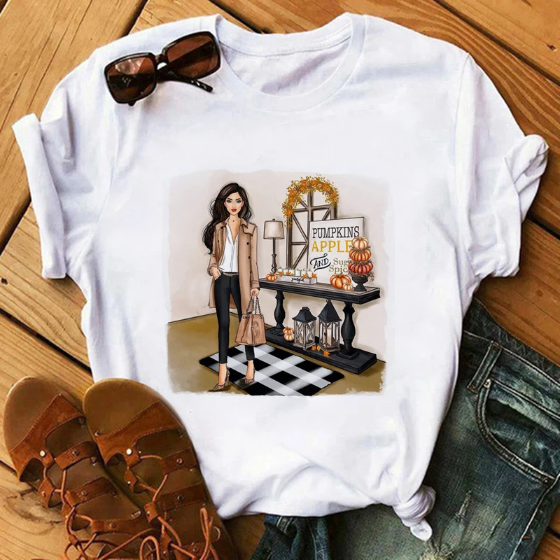 

Spice Coffee Pumpkin Fashion Ladies Printed T-shirt 90s Girls Thanksgiving Fall Halloween T Shirt Summer Short Sleeve Tshirts