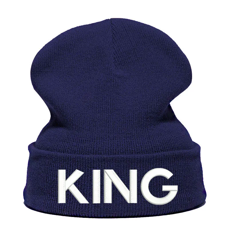 King Letter Beanie Hat Skullie шапка, вязаная шапка-носок зимняя Осенняя вязаная вышивка Кепка в стиле хип-хоп Мужская и женская Подростковая Кепка для уличных танцев черная - Цвет: navy white