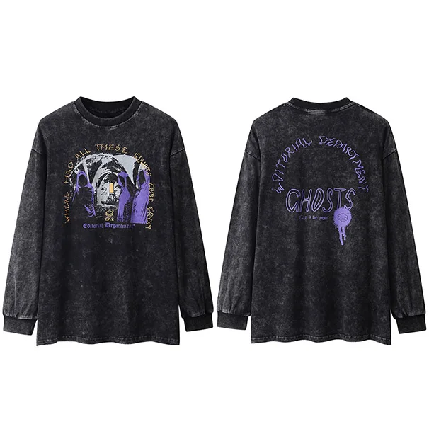 

Hip Hop Streetwear Men Oversized T-shirt Ghosts Printed Long Sleeve T-shirt Harajuku Fashion 2020 Autumn Washed Cotton Tops Tees