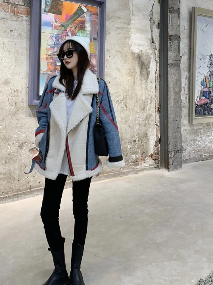 

Loose Cargo Lamb Wool Jacket Baseball Jacket Women's Autumn and Winter Korean Style Jeans Cardigan All-Matching Top