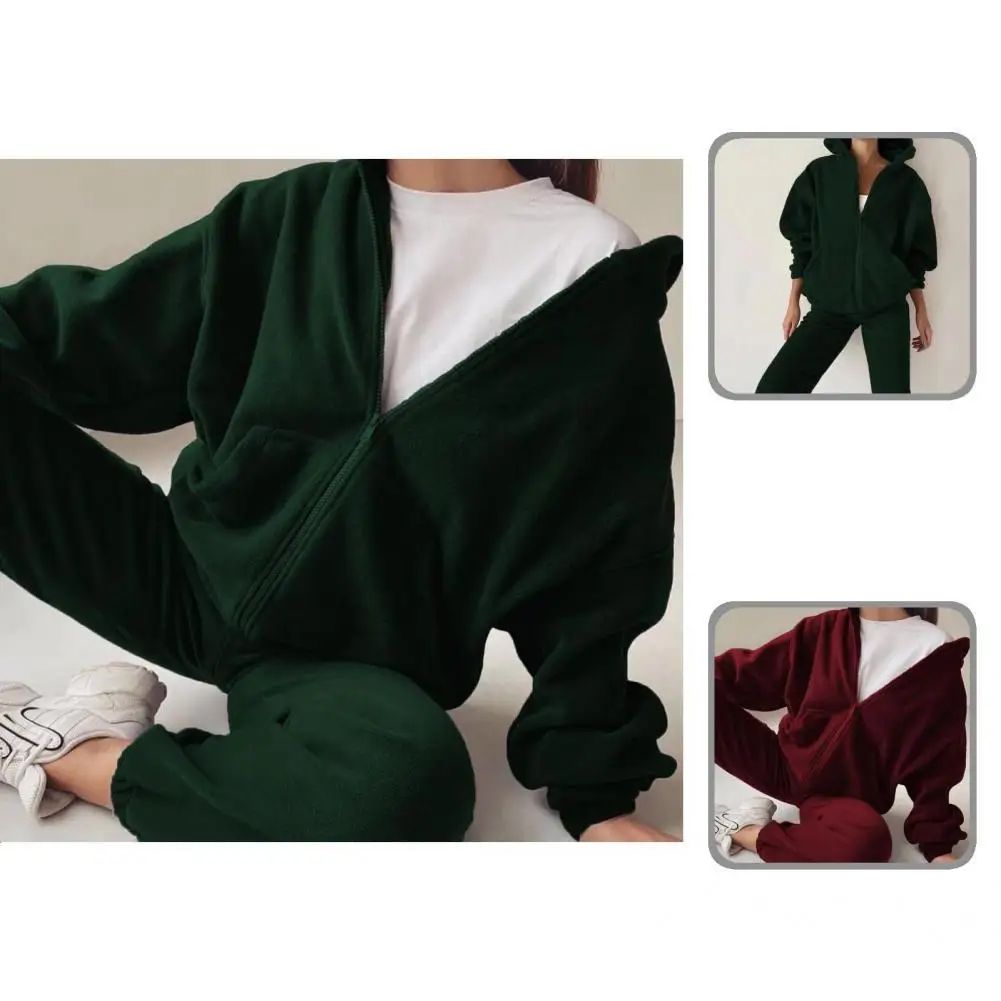 

1 Set Sporty Sweatshirt Sweatpants Set Lady Hoodie Trousers Solid Color Hooded Loose Sweatshirt High Waist Sweatpants