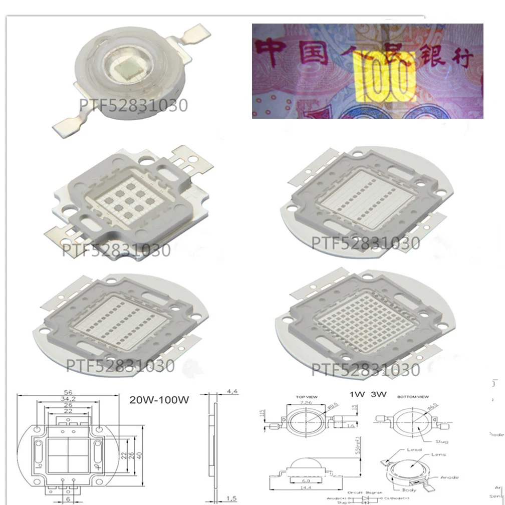 

3W 5W 10W 20W 30W 50W 100W High Power Light UV Purple LED 365nm 375nm 380nm 385nm 395nm 400nm 405nm Ultraviolet Bulbs Lamp Chips