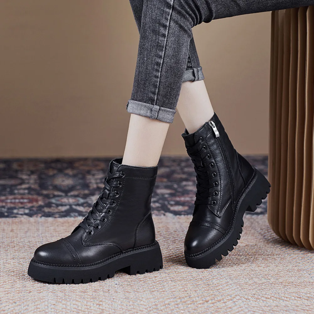 

Genuine Leather Martin Boots for Women 2022 New British Style Thick Soled Short Booties Breathable Single Shoes 35-40