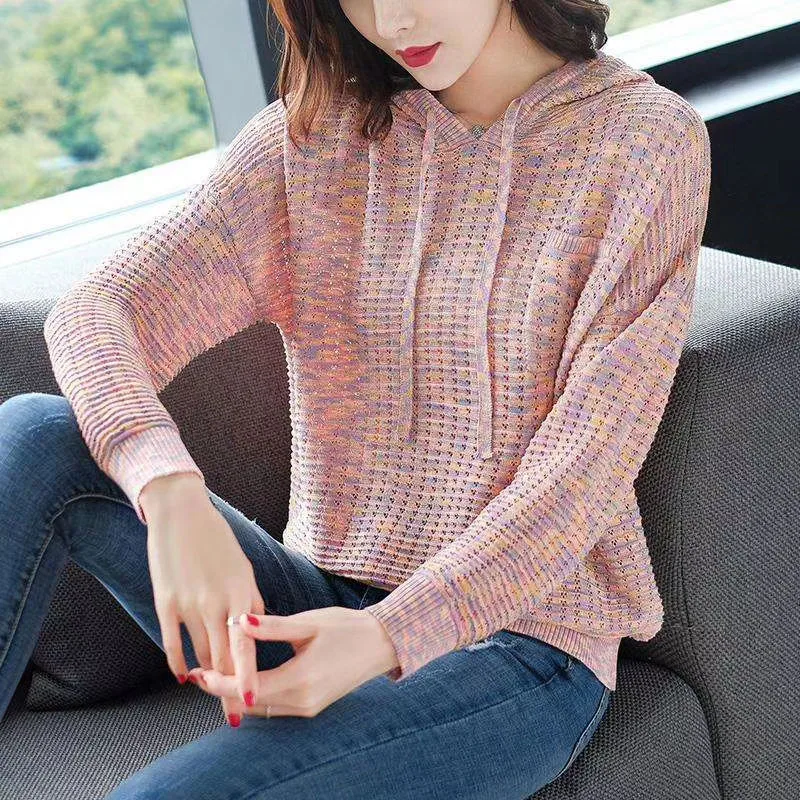 Женский пуловер с капюшоном повседневный ажурный джемпер длинными рукавами