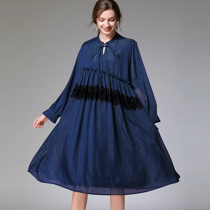 

Chiffon Dress Oversized Bow Woman Lace Patchwork Black Summer Spring Loose Casual Beach Party Elegant Dresses 5XL Female Dress