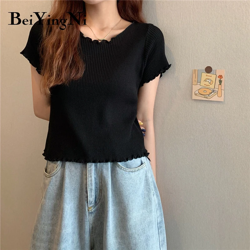 

Beiyingni Korean Slim Sweater Womens Basic Solid Short Sleeve Casual Sweet Pullover Sweaters Woman Chic 2021 Mujer Jumper Female