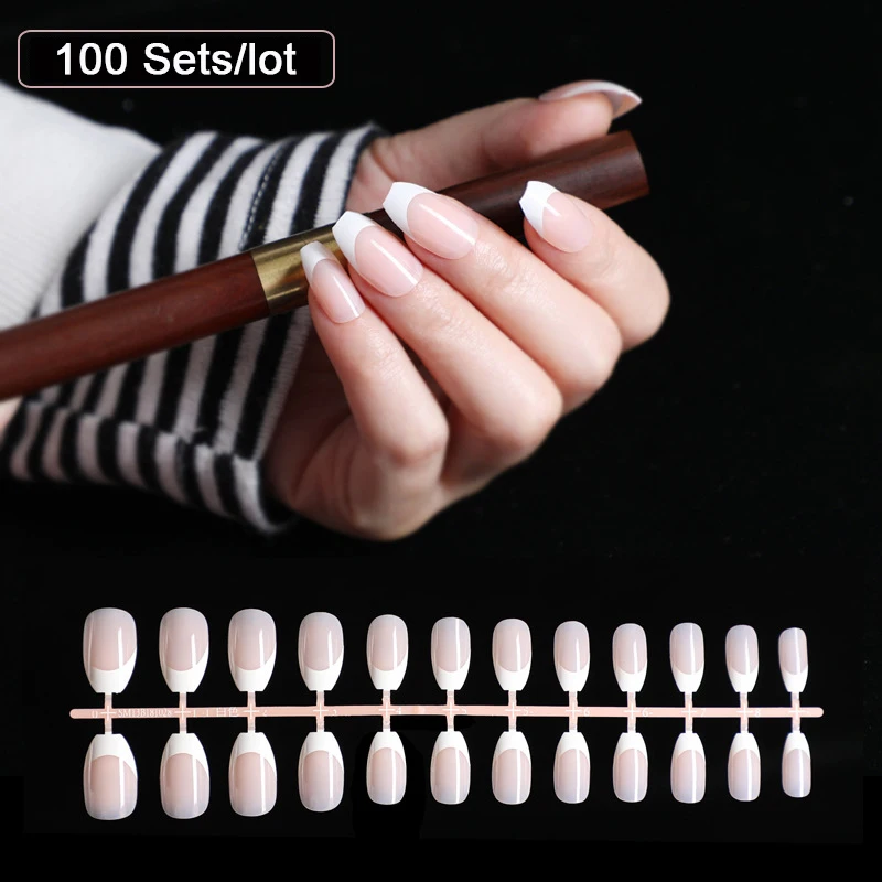 

1 lot= 100 kits Clear Nude French Nails Short Size Square White Fake Nails Laidy Finger Decoration Daily Wear 2400pcs