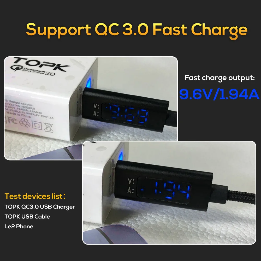 Кабель TOPK USB Type C/Micro с цифровым дисплеем для быстрой зарядки и передачи данных 3A