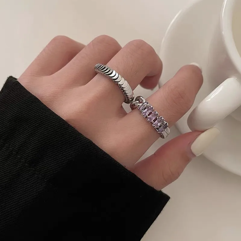 

LOVOACC Simple Purple Color Sparkly Zirconia Charm Rings for Women Ladies Twist Metal Chain Patchwork Rings Accessories Hot