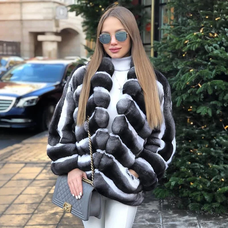 2022 New Real Fur Coat Women Winter Fashion Whole Skin Genuine Rex Rabbit Fur Jacket Stand Collar Chinchilla Color Fur Overcoats