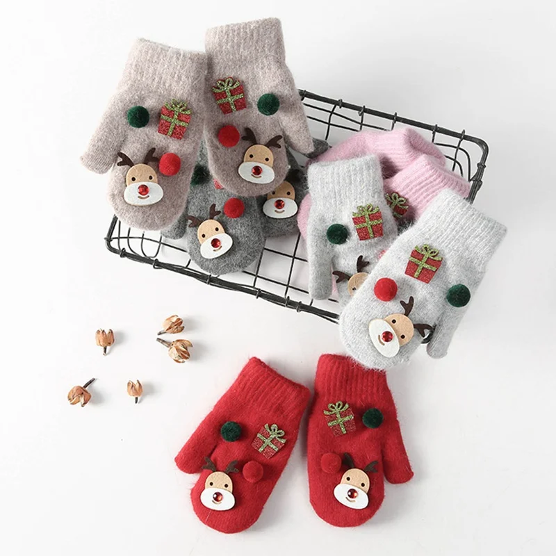 

Hot Sale Kids Warm Winter Cotton KnittedChristmas Deer Cute Full Finger Gloves Mitten Boy Girl Children Thick Soft Glove Gift
