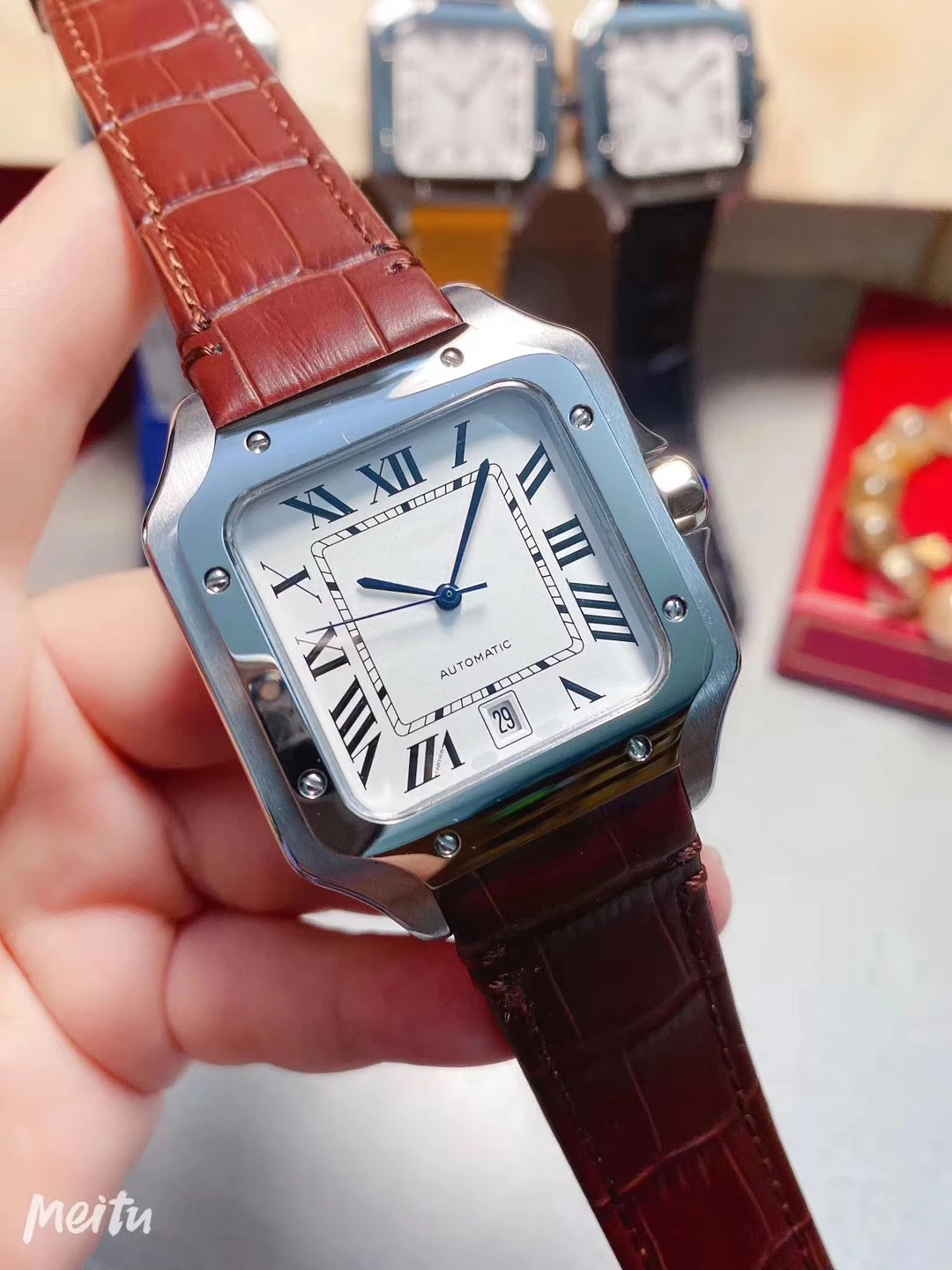 

2021 New Automatic Mechanical Silver White Rome Dial Black Brown Leather Men Sapphire Stainless Steel Bracelet Square Date Watch
