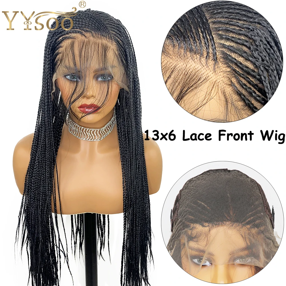 YYsoo Long Black Color Micro Braided 13x6 Synthetic Lace Front Wigs for Black Women Full Hand Tied Box Braided Lace Front Wig