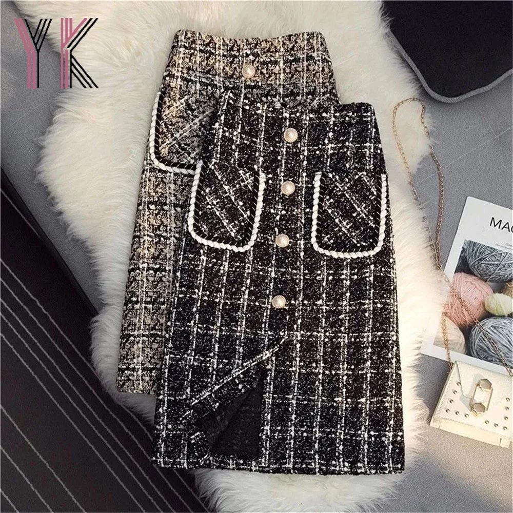 

Woolen Pocket Slit Luxurious Faux Pearl Button Plaid Tweed Knee Length Skirts Autumn Winter Women Elegant Skirts Aesthetic Saia
