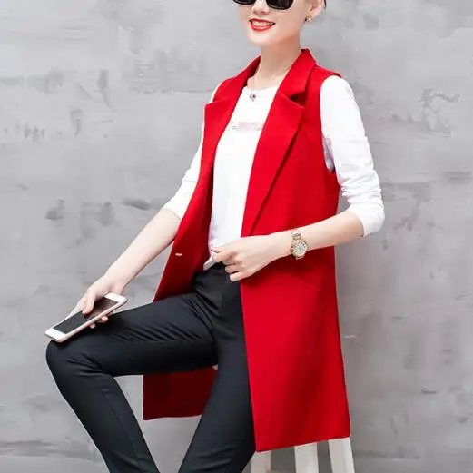 Без рукавов весна осень костюм куртка Женский Длинный блейзер жилет размера плюс