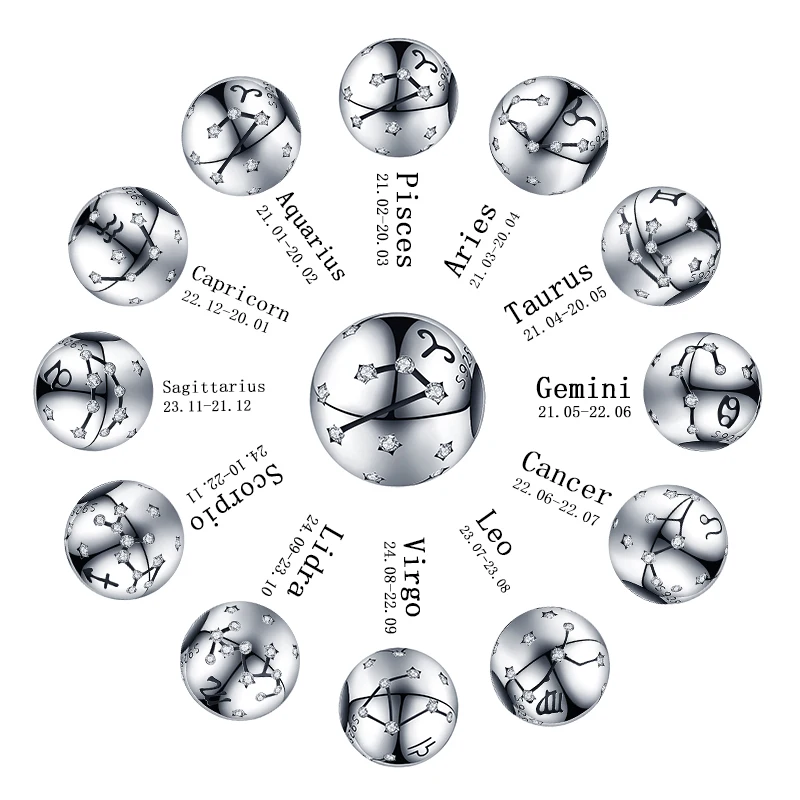 CodeMonkey натуральная 925 пробы серебро 12 созвездия зодиака круглые бусины подходят