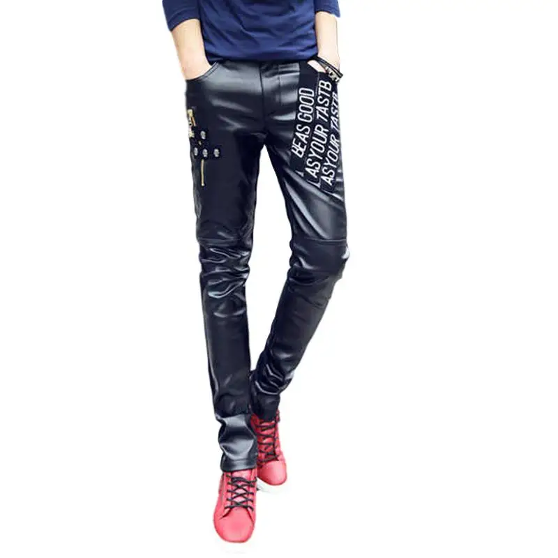 

Idopy Men Slim Fit Faux Leather Pants Letters Korean Style Party Cosplay Costume PU Fashion Long Pants Trousers For Male