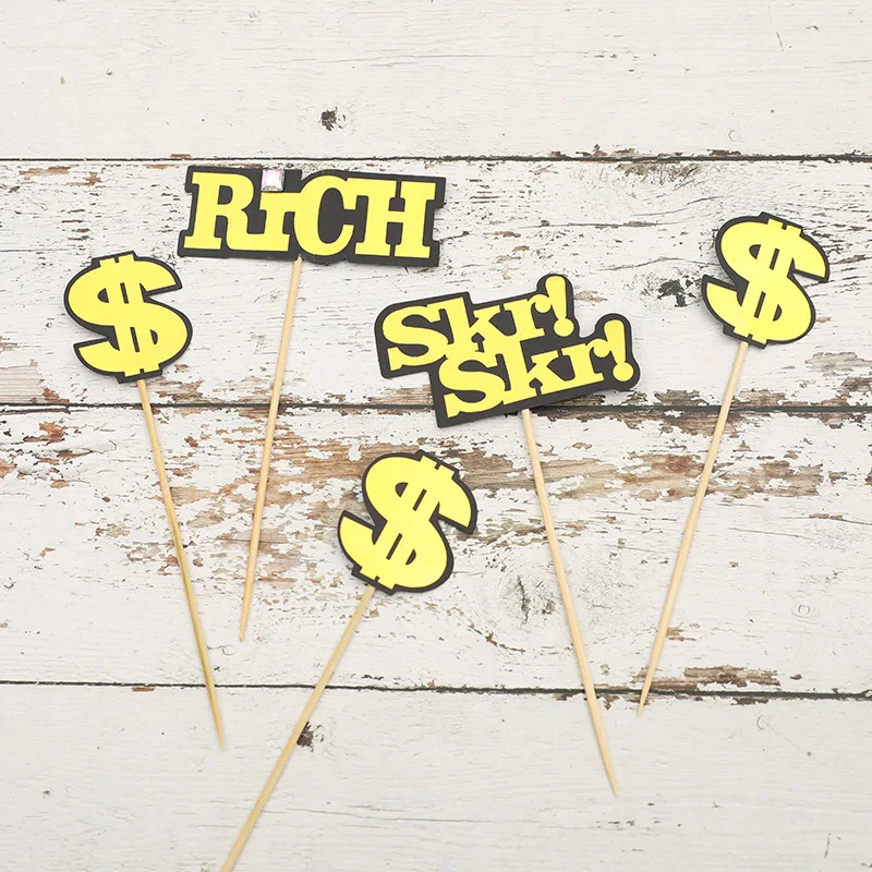 

5 Pack Factory Direct Selling Baking Cake Decoration Hip Hop Rap SKR rich USD Bronzing Cake plug-in Cake Card