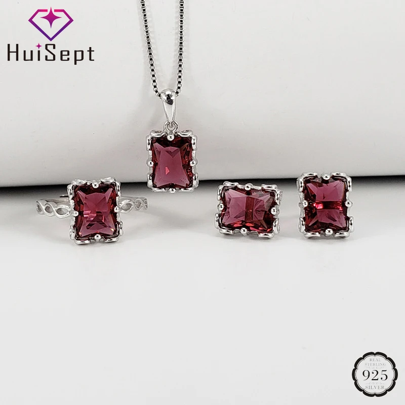 

HuiSept Luxury S925 Sterling Silver Jewelry Set Earrings Ring Necklace Accessories with 7*9mm Emerald Gemstone for Women Wedding