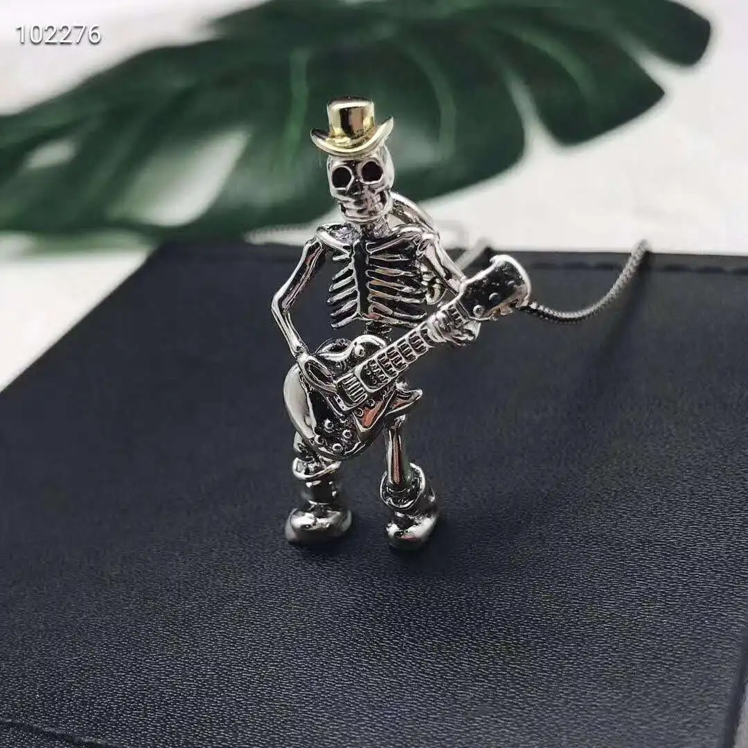 

S925 Sterling Silver Personality Guitar Hip Hop Play Skull Necklace Jazz Cowboy Silver Jewelry Pendant Cremation Jewelry