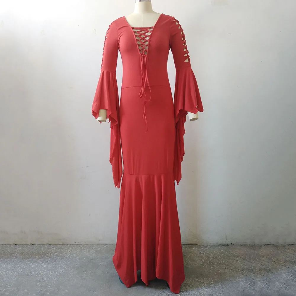 Gothic Deep V Bandage Sexy Dress Retro Irregular Hollow Trumpet Long Sleeve Asymmetry Floor Slim Dresses Goth Party Vestido |