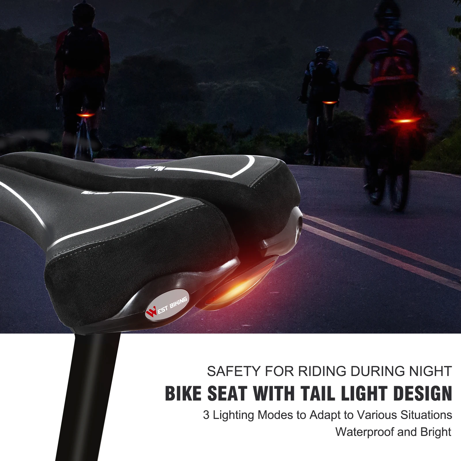 

WEST BIKING Bike Saddle With Taillight Thick Sponge Comfortable Shockproof Bike Seat Cushion MTB Road Cycling Bike Accessories