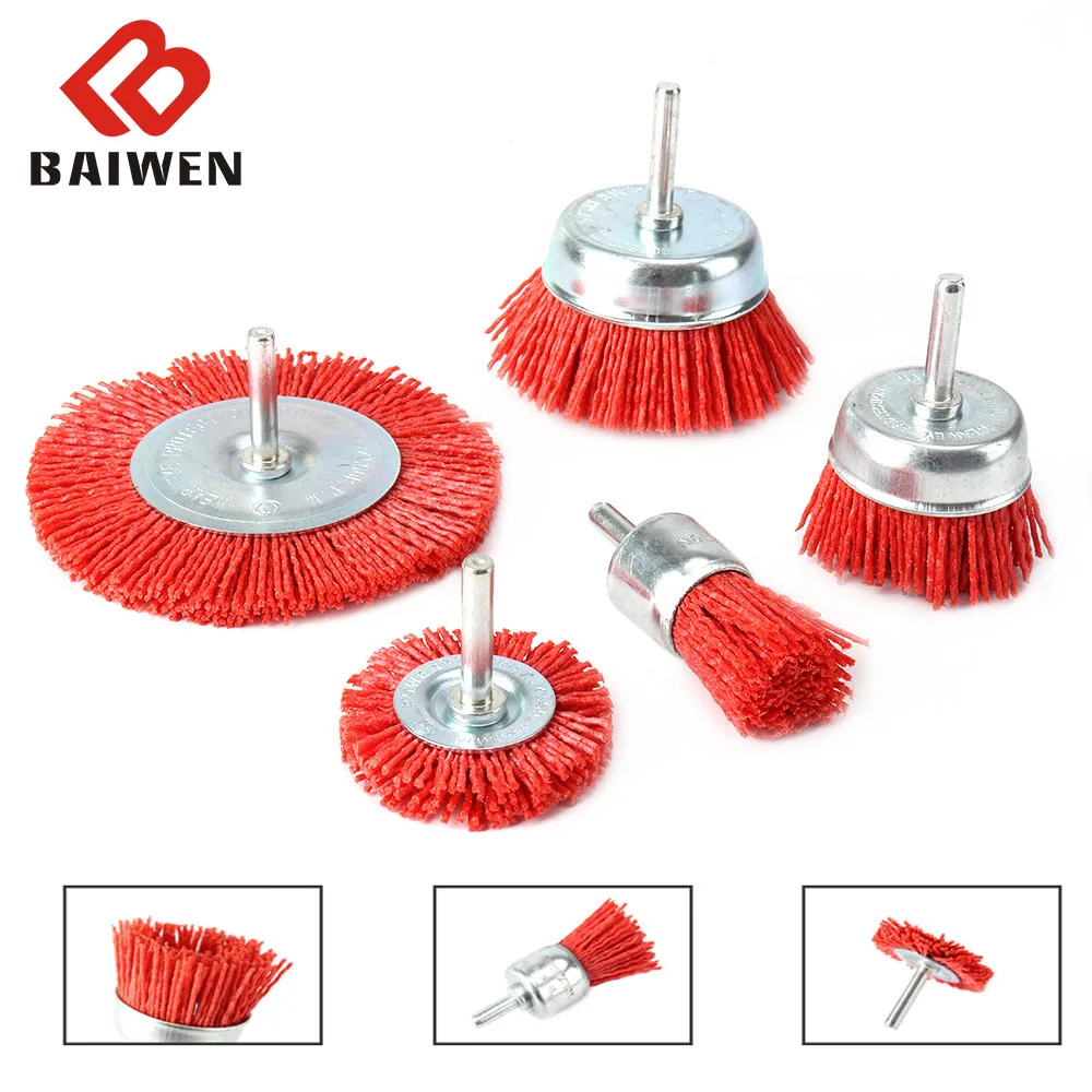 

Нейлоновая Щетка для стакана, 5 шт., абразивная проволочная щетка-колесо для дрели, вращающегося инструмента, для очистки заусенцев под дере...