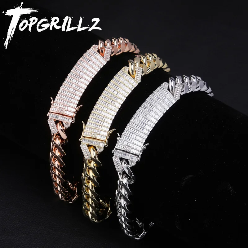 TOPGRILLZ 18mm Long Lock Clasp Baguette Zircon Prong Setting Cuban Necklace Iced Out Cubic Zirconia Chain Hip Hop Rock Jewelry | Украшения