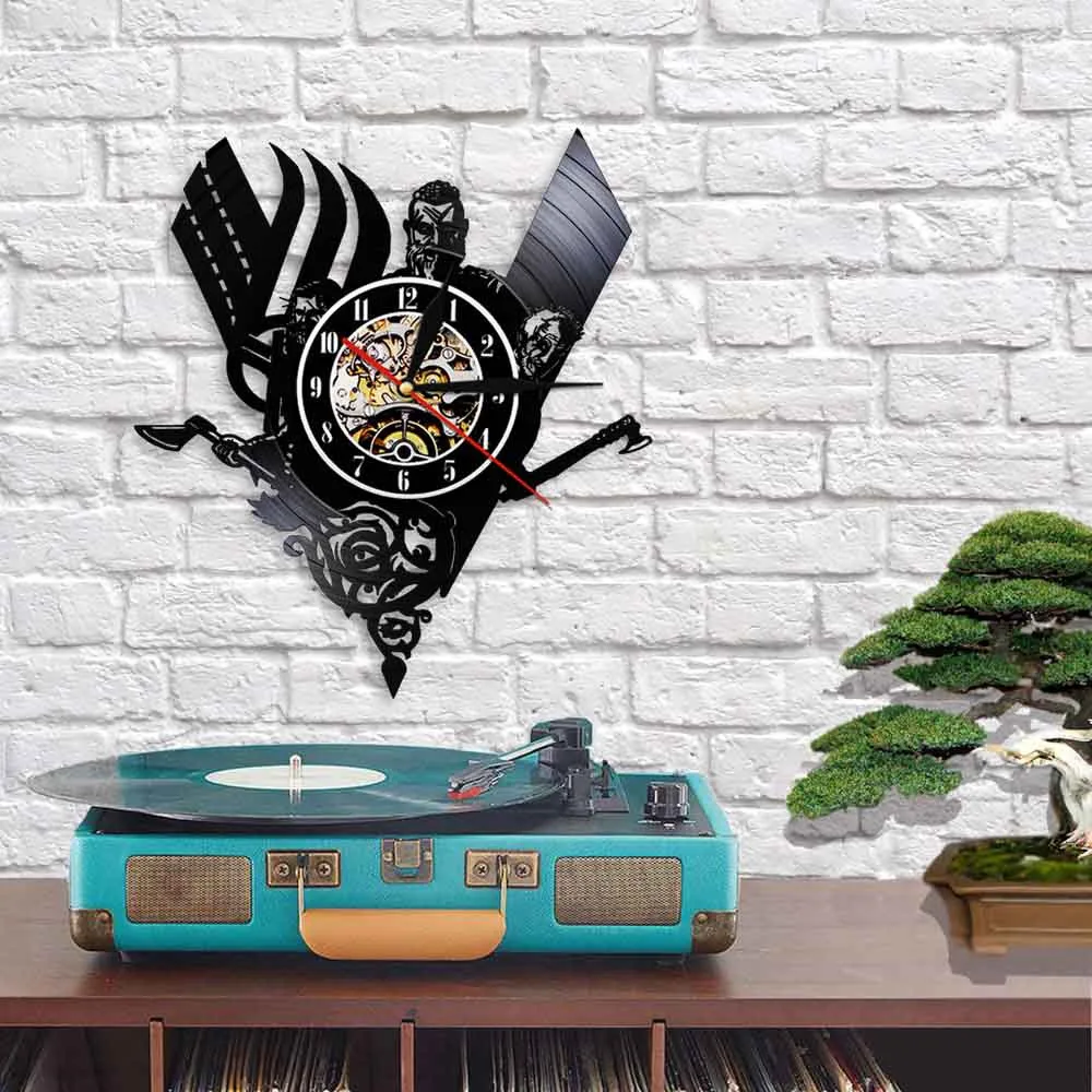 Викинговые настенные часы черные Висячие виниловые в винтажном стиле