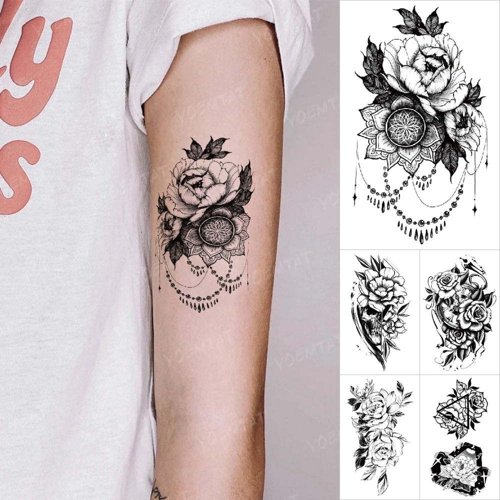 

Henna Tattoos Mandala Chain Peony Rose Flash Waterproof Temporary Tattoo Stickers Men Women Arm Body Art Sexy Black Fake Tatto