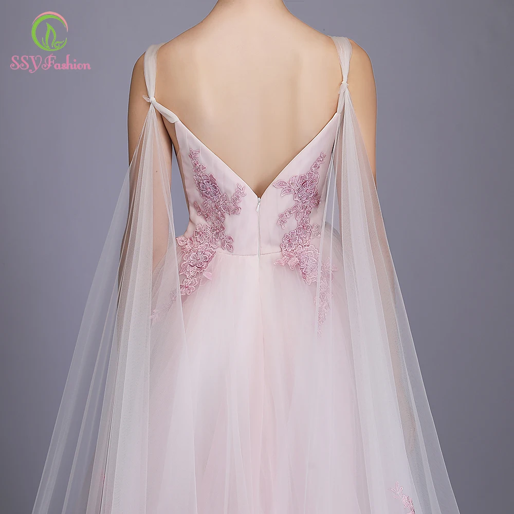 SSYFashion новые милые розовые вечерние платья романтические кружевные аппликации v-образный вырез длина до пола Длинные вечерние платья Vestido De Noche