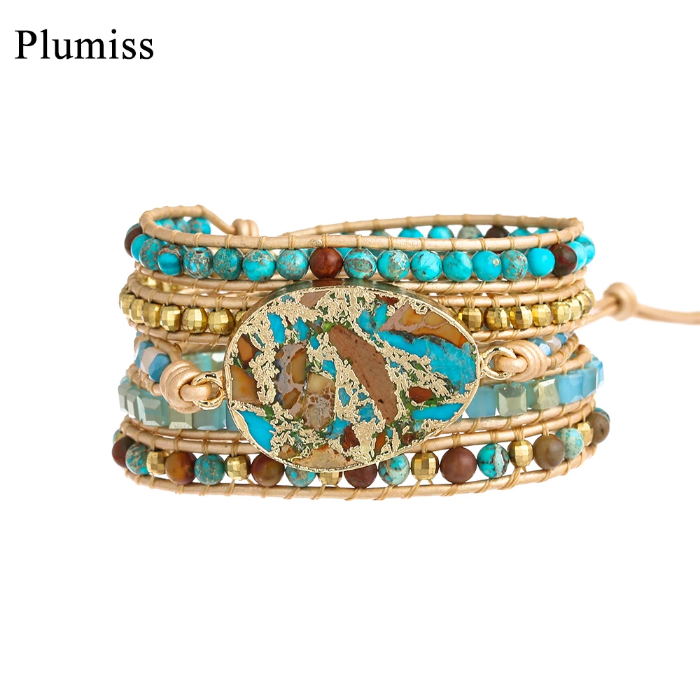 

Plumiss Luxury Golden Emperor Stone Wrap Bracelets for Women 5Times Strand Beads Bracelet Blue Gold Color Jewelry Gift Dropship