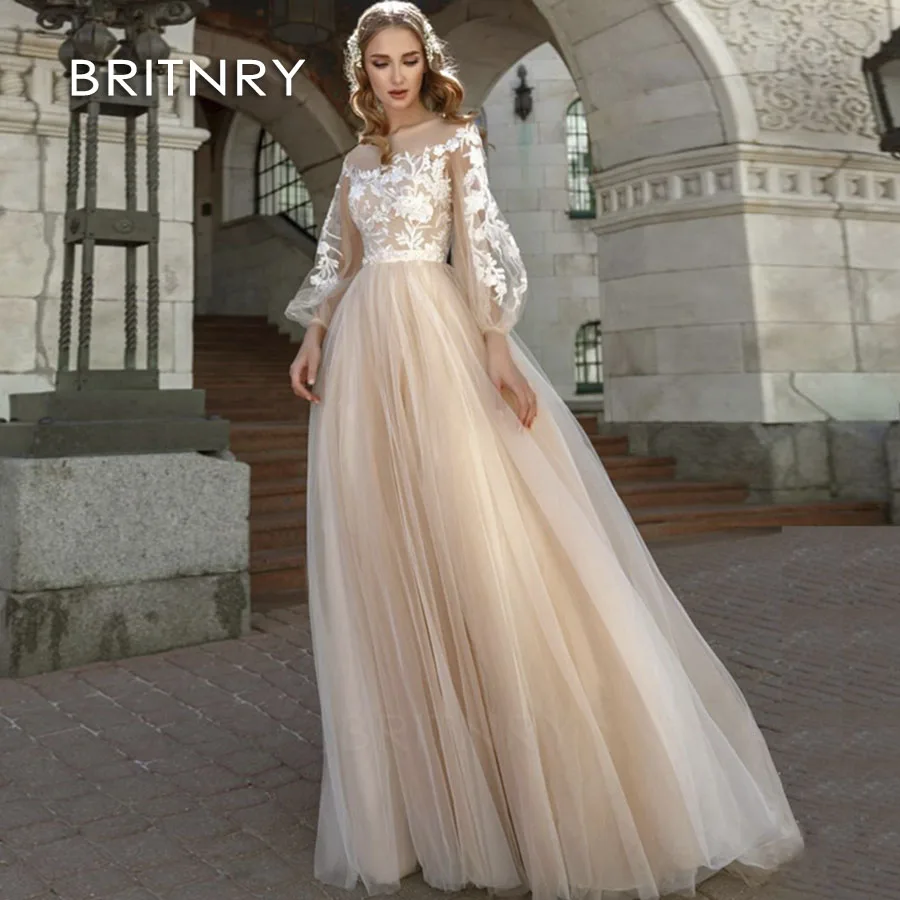 

BRITNRY 2020 Vintage Wedding Dresses Lace Appliques Long Sleeve Wedding Dresses A Line Sweep Train Bridal Gown
